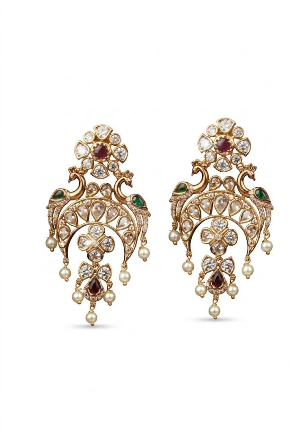 Chandbali gold plated earrings pair on white background intricate design weeding ware use and perfect for gifting