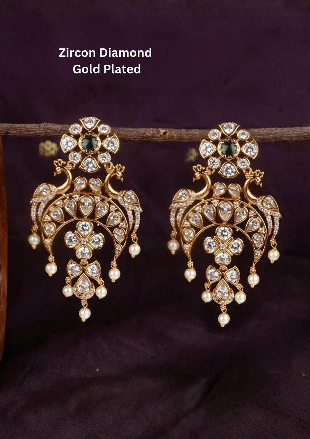Zircon diamond gold plated Chandbali Earrings waterproof, anti fade used for festival ware, weddings, and for gifting. 