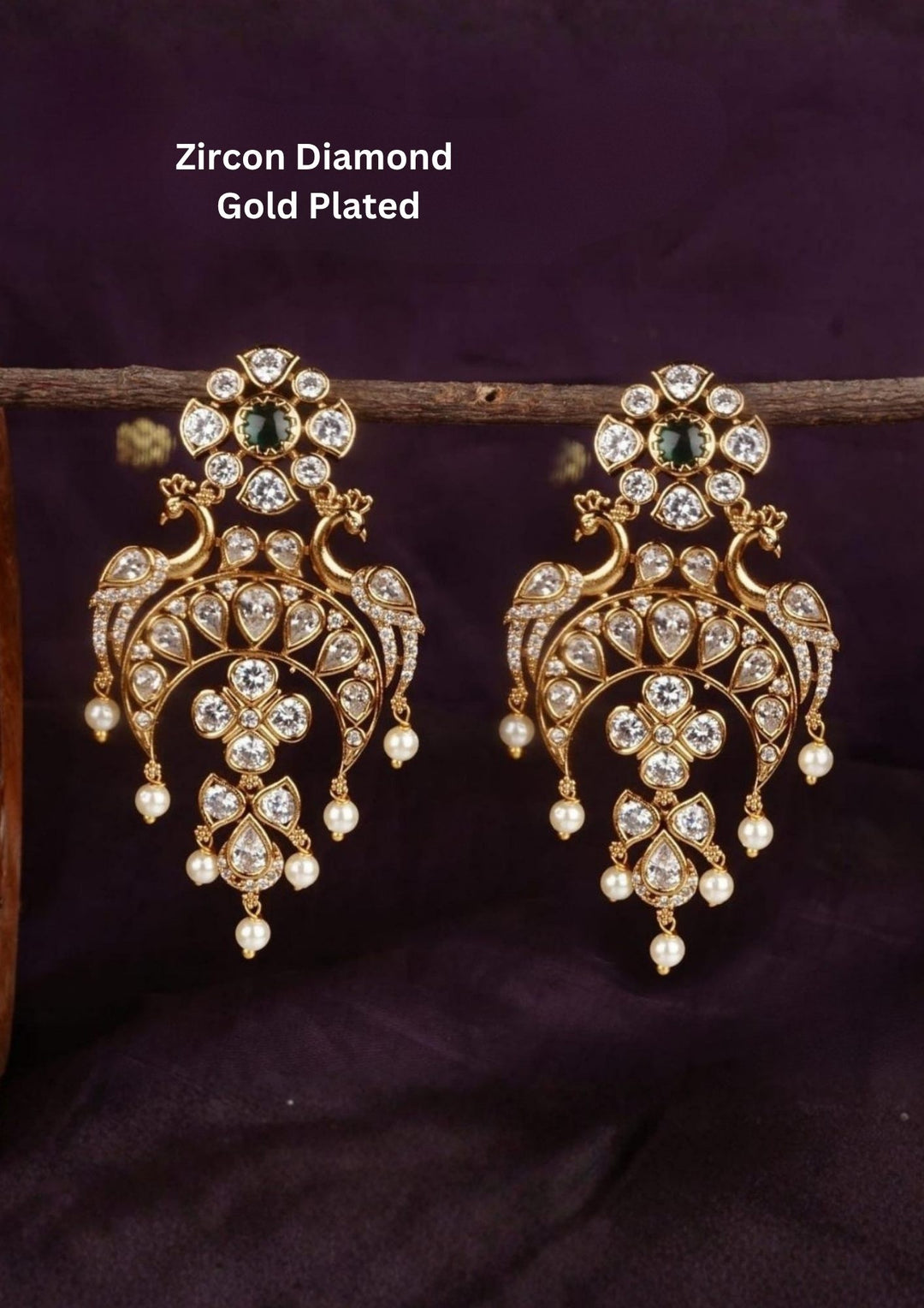 Zircon diamond gold plated Chandbali Earrings waterproof, anti fade used for festival ware, weddings, and for gifting. 