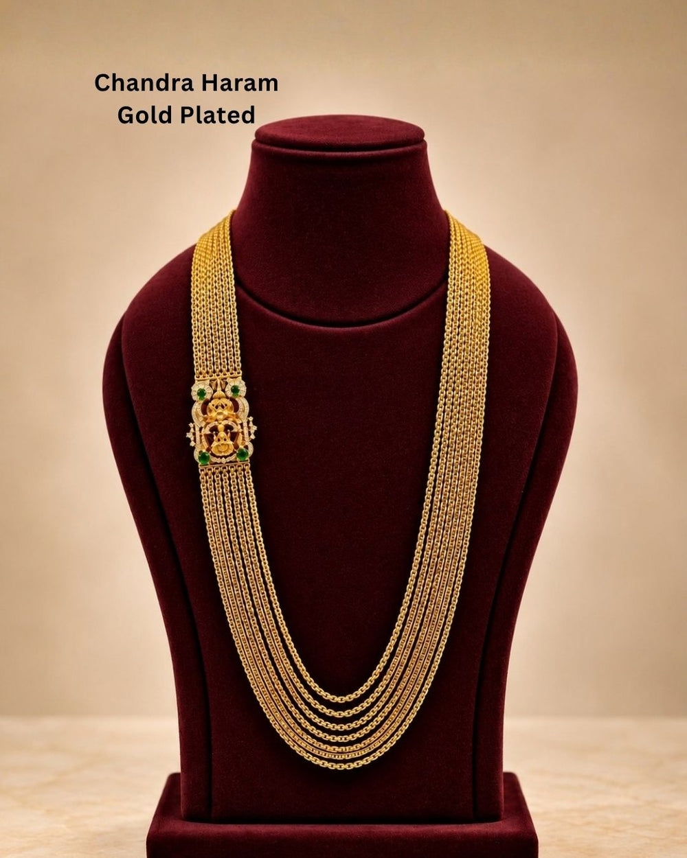 Premium temple style gold plated Lakshmi Chandraharam designed with multiple layered chains, traditional craftsmanship, and a detailed Lakshmi motif for ethnic and bridal jewellery collections.