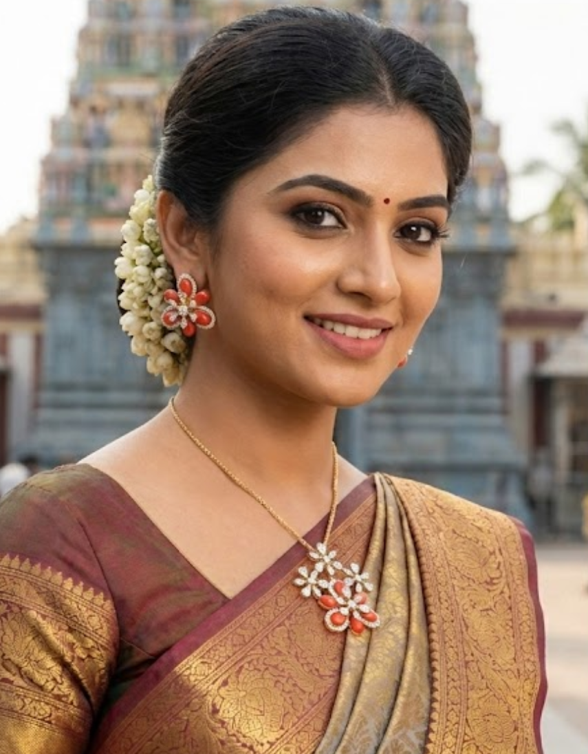 Woman in traditional attire wearing this gold plated coral pendant set