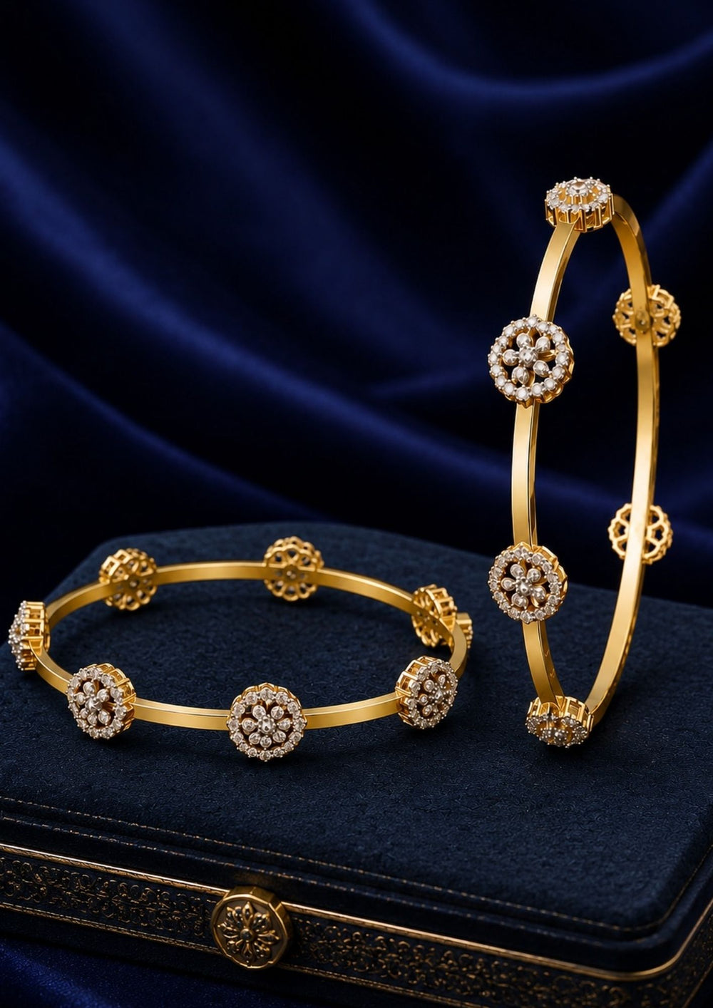 Premium zircon diamond gold plated bangles with delicate floral detailing and a polished finish, perfect for weddings, celebrations, and special occasions.