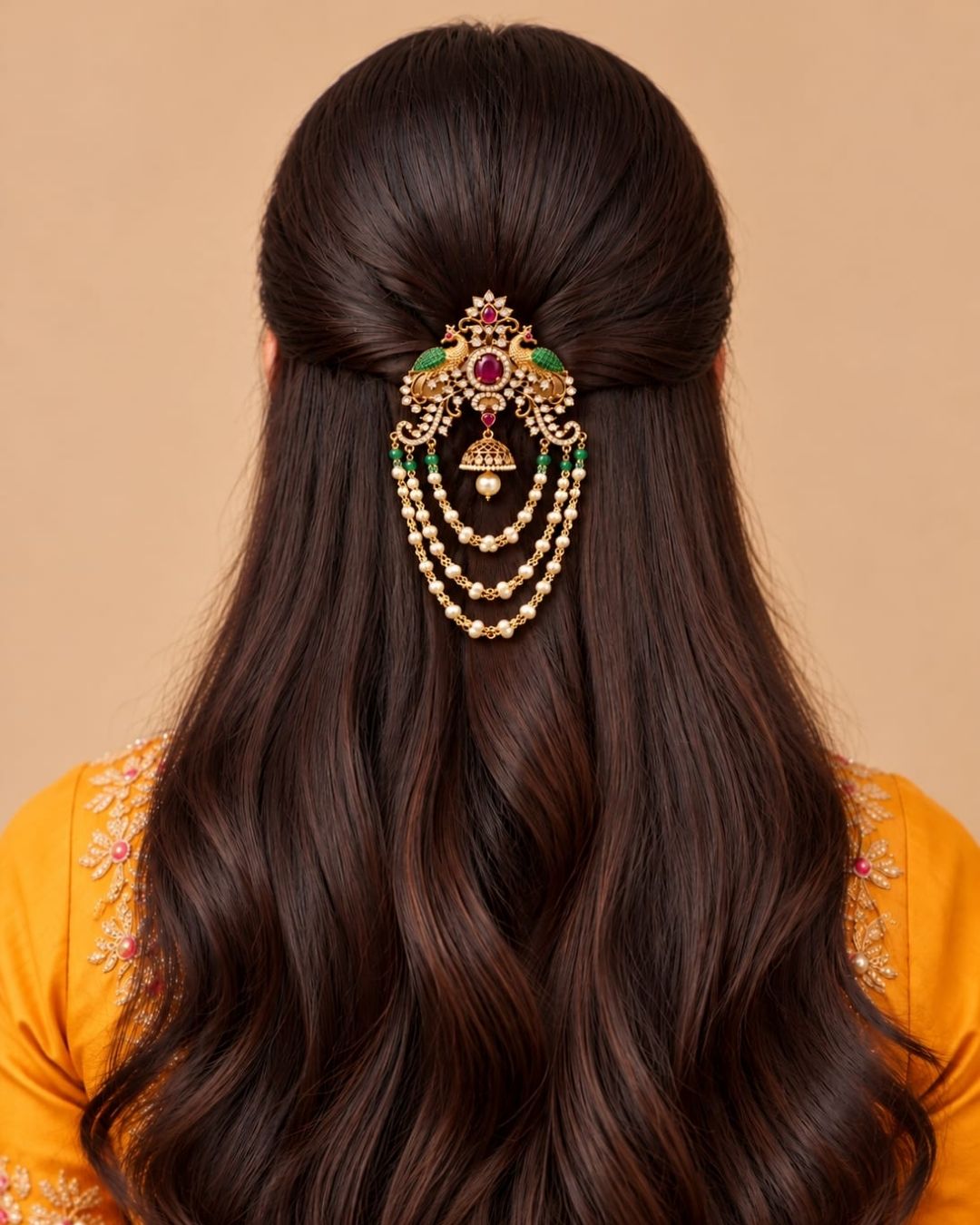 Gold plated traditional hair accessory featuring an intricate peacock-inspired design, ruby red stones, green accents, sparkling white stones, and cascading pearl chains.