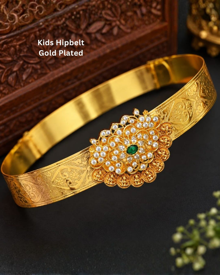 Elegant gold plated vaddanam with a floral crystal centerpiece and intricate detailing for festive and traditional wear.