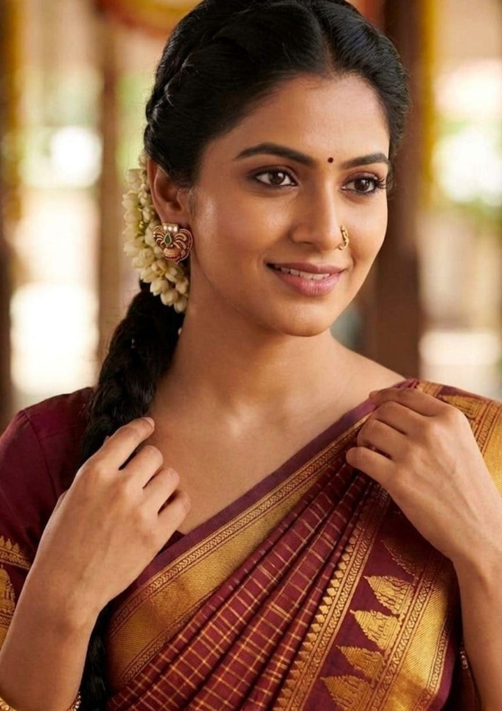 South indian woman wearing a traditional earrings gold plated can be used for  flat detail for functional, festive , south indian festivals