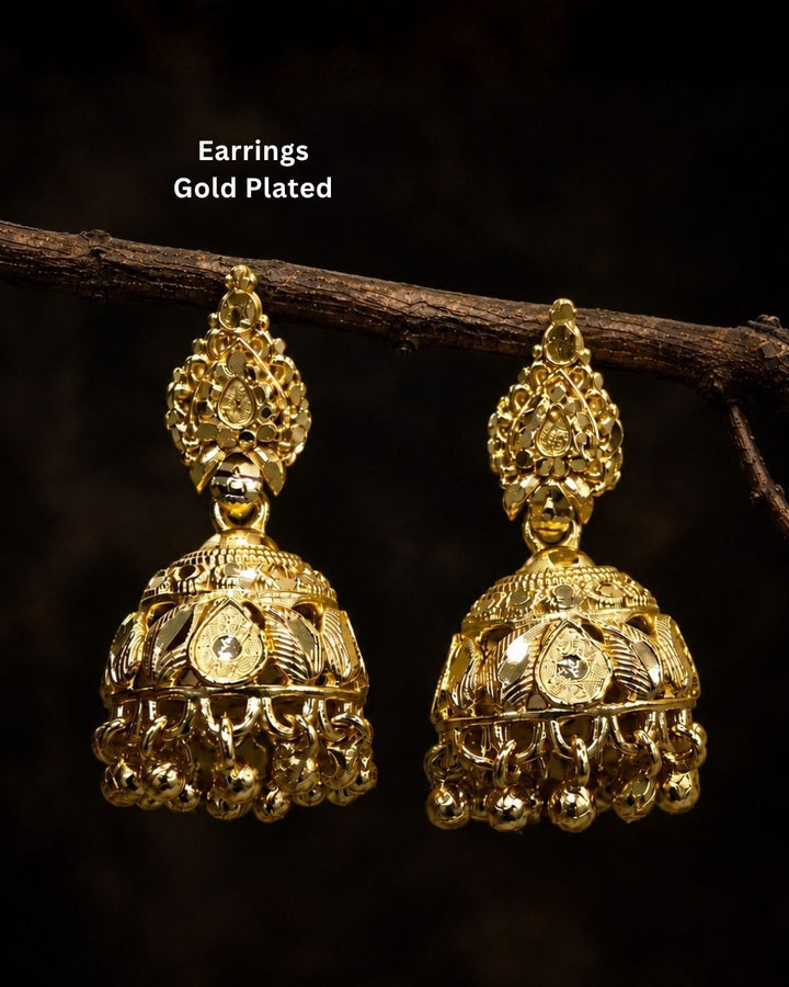 Premium gold plated traditional jhumka earrings featuring intricate ethnic craftsmanship, ornate dome-shaped designs, floral detailing, and elegant hanging gold bead accents. Perfect for sarees, festive occasions, weddings, classical dance performances, and traditional events.