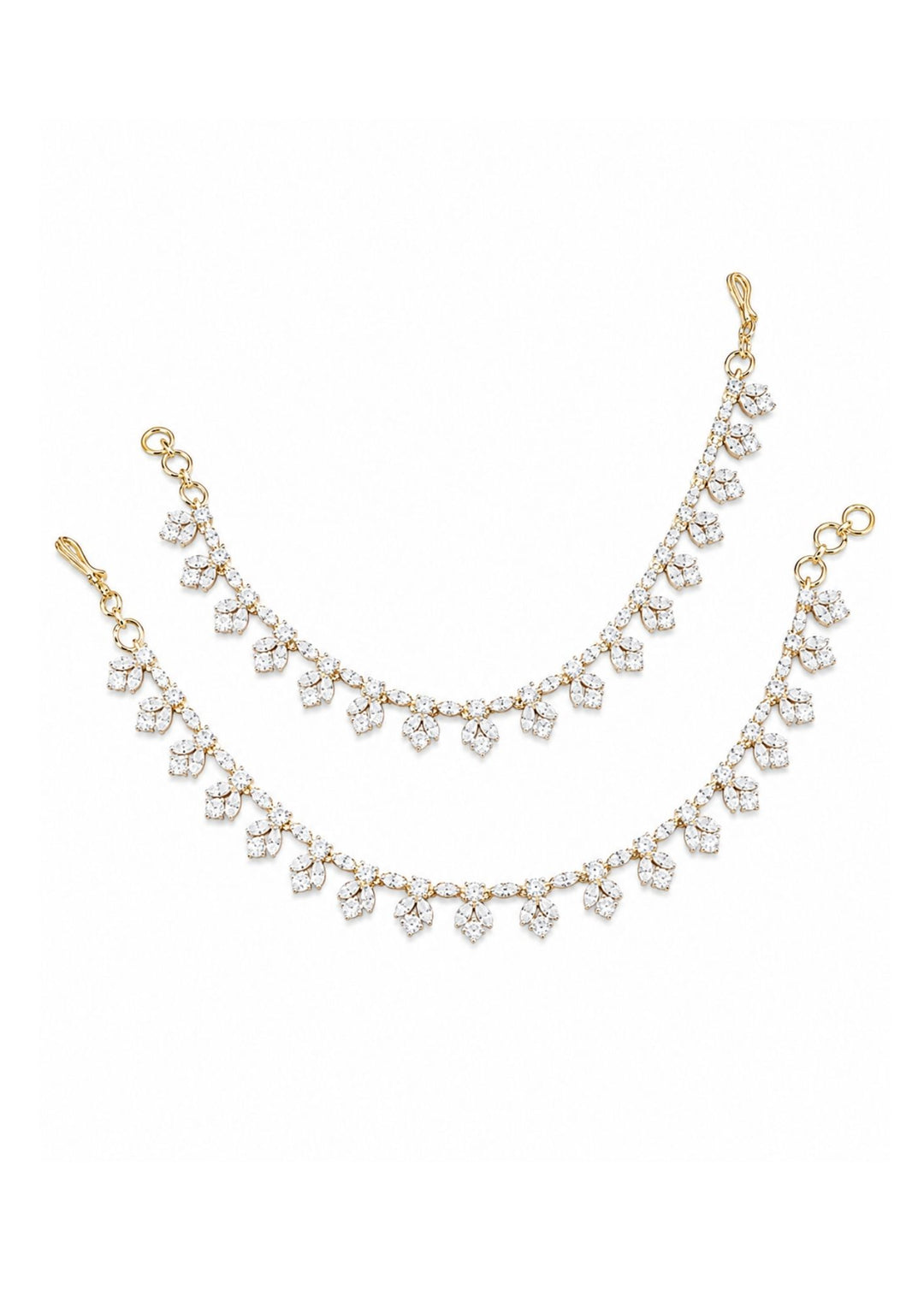 Gold-plated ear chains show very clearly in white background given picture how it looks and anti faded , skin safe and sweat proof and can be used for weedings and festivals and bridals 