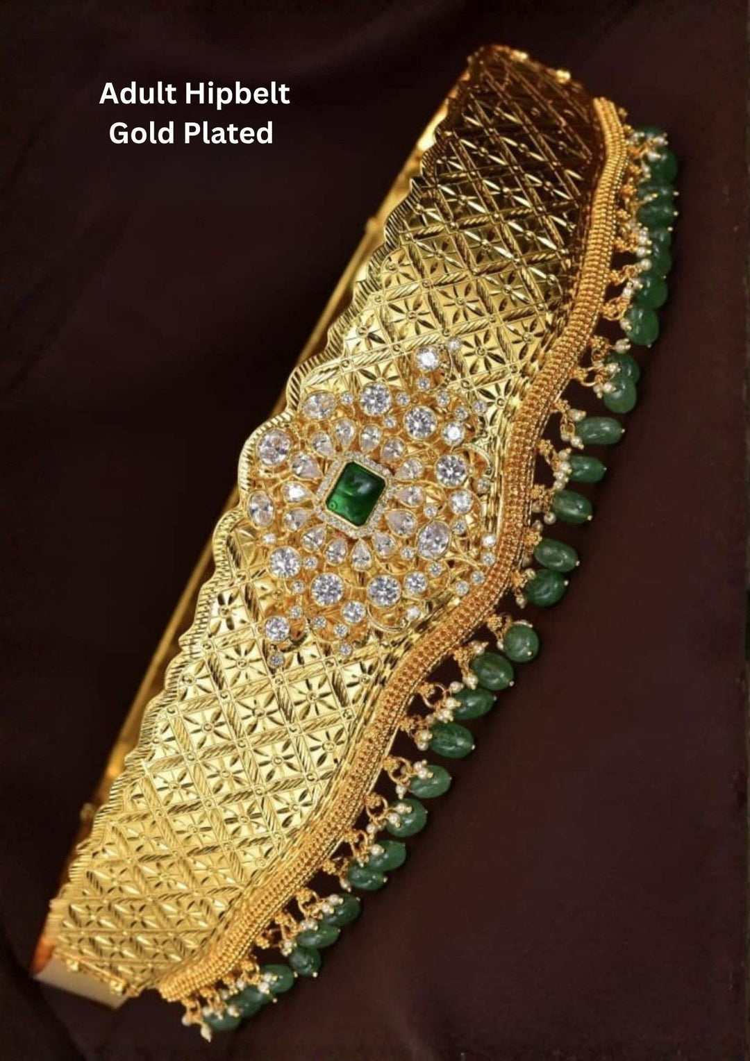 gold plated emerald beads adults hipbelt (vaddanam) for traditional look and in picture it shows very clearly how it looks and shine and can be used for festivals, weeding&