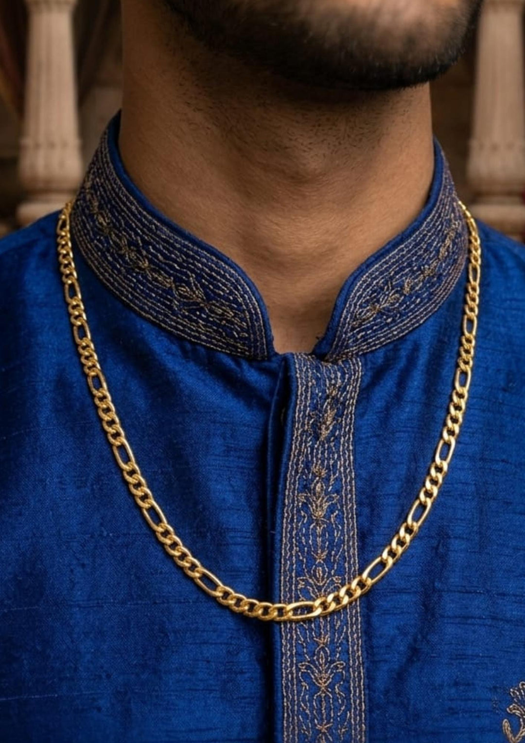 18k Gold Plated Figaro Mens Chain Model Image men wearing in traditional wear ideal for dailywear ,office wear ,partywear