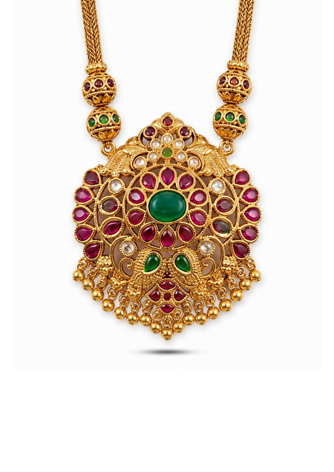 Gold necklace with red and green gemstones on a white background and pendent shown very clearly and in detailed way shown in picture it will sweat proof and water proof can used for festivals, bridals, and weeding's  