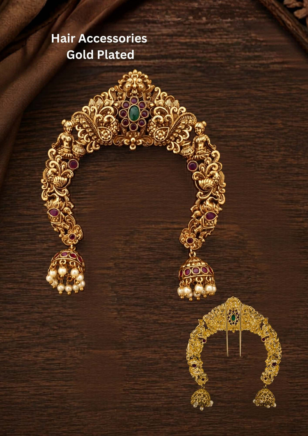 gold plated floral hair accessories comes with beads and peacock design and shown clearly how it looks jewelry looks so detailed and can be used for bridal ware, functional and festivals 