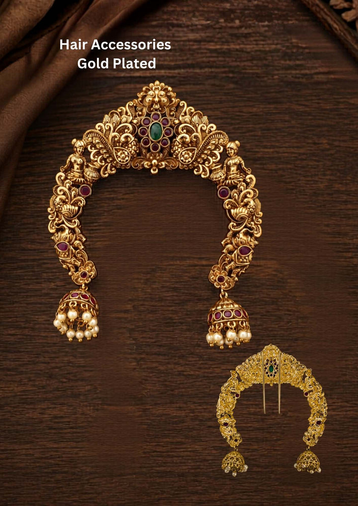 gold plated floral hair accessories comes with beads and peacock design and shown clearly how it looks jewelry looks so detailed and can be used for bridal ware, functional and festivals 