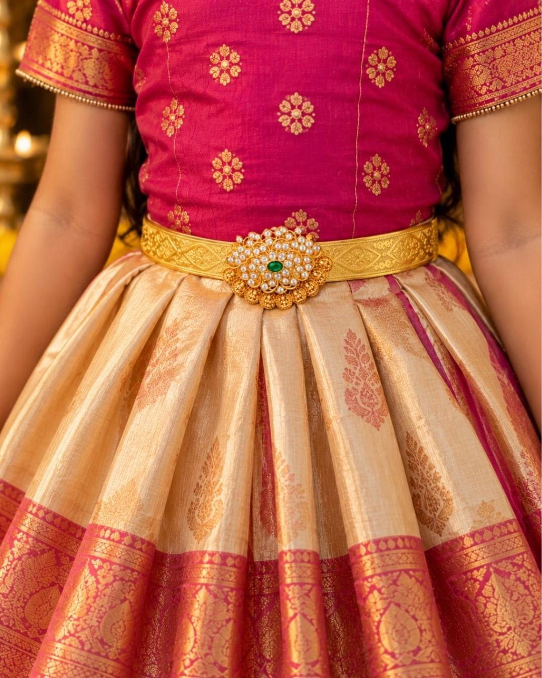 Elegant gold plated vaddanam with a floral crystal centerpiece and intricate detailing for festive and traditional wear.