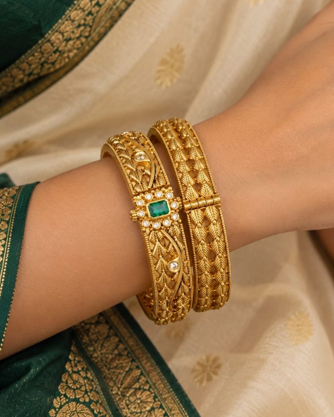 Traditional gold plated designer bangles featuring intricate layered leaf motifs, sparkling white stone embellishments, and a vibrant green center stone, perfect for festive, wedding, and traditional occasions.