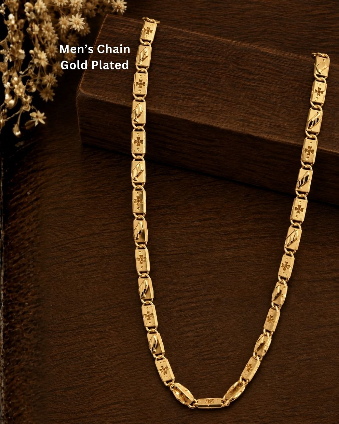 Premium gold plated men’s chain with detailed floral engraved links and a refined polished finish, suitable for everyday wear, festive occasions, parties, special events, and gifting.