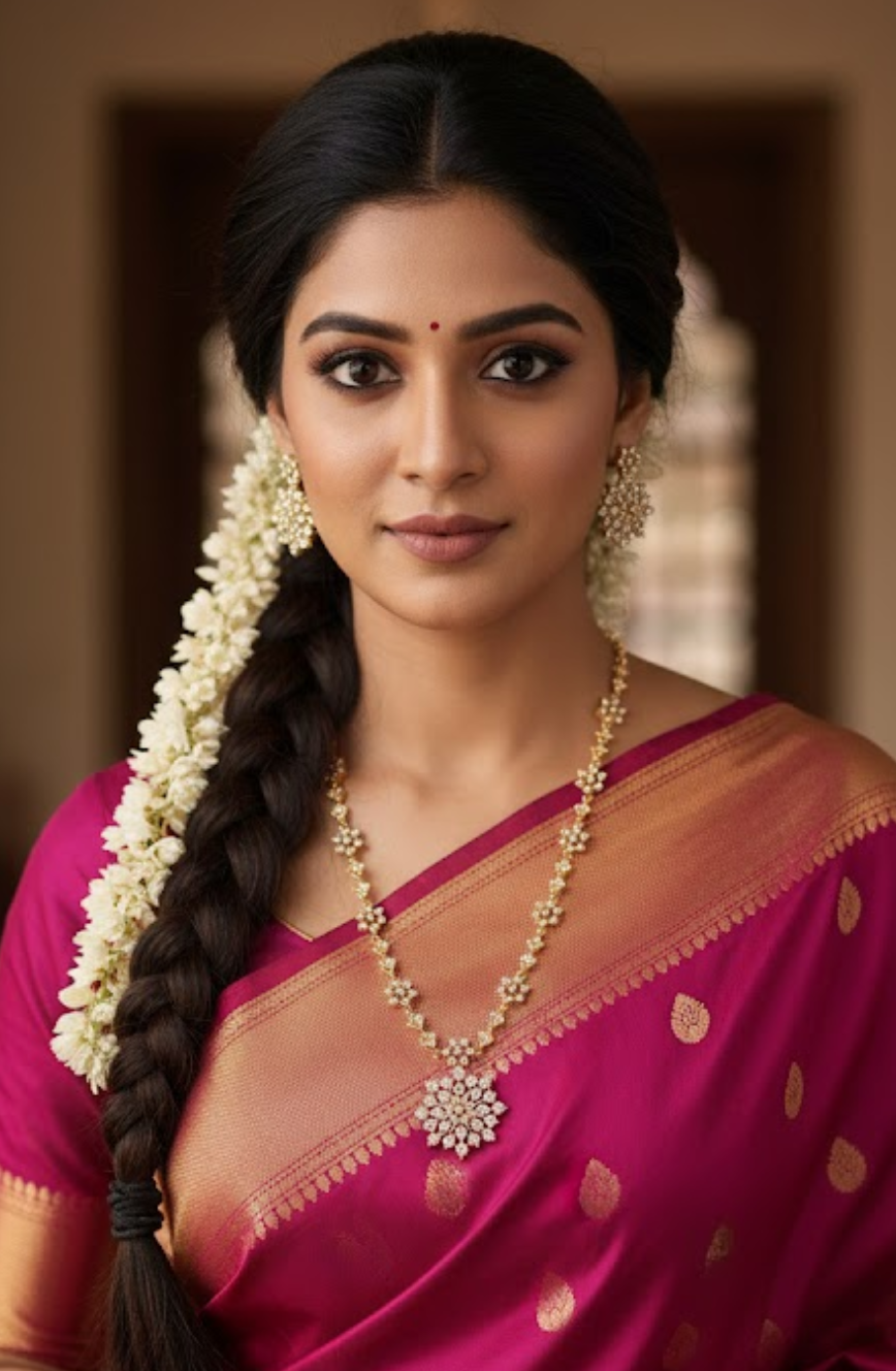 gold plated floral necklace set imitation on south indian female model photo