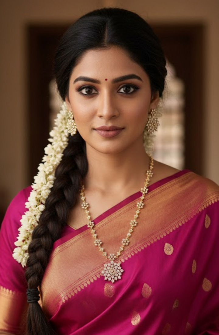 gold plated floral necklace set imitation on south indian female model photo