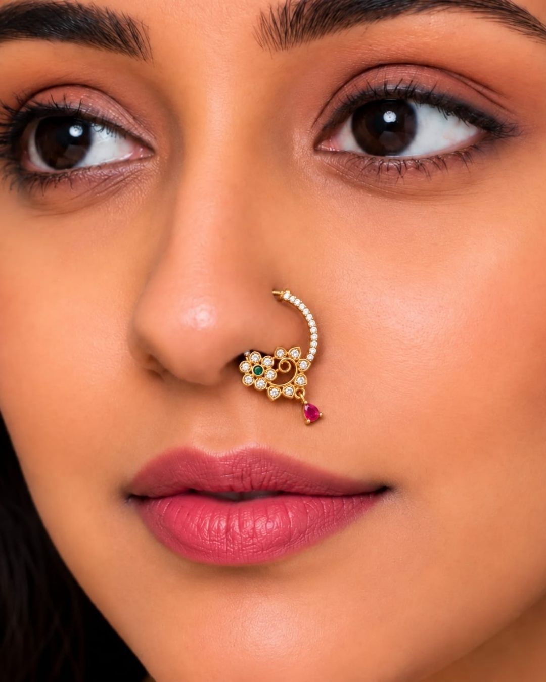 Traditional gold plated floral nose pin with white CZ detailing, a green stone center, and a pink teardrop pendant.