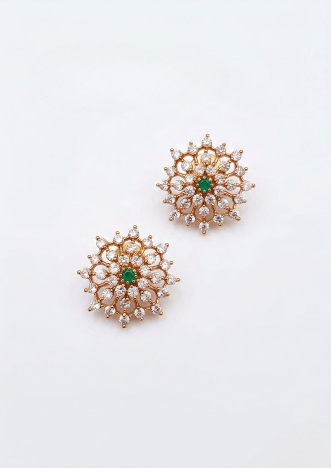 Zircon Diamond Gold Plated Floral green gemstone Studs with White Background can see very detail in white background 