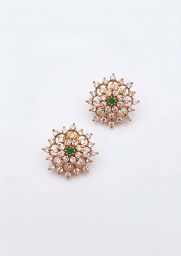 Zircon Diamond Gold Plated Floral green gemstone Studs with White Background can see very detail in white background 