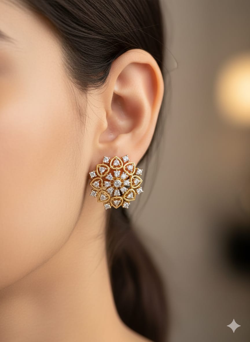 Close-up of a woman's ear wearing a gold plated diamond floral studs