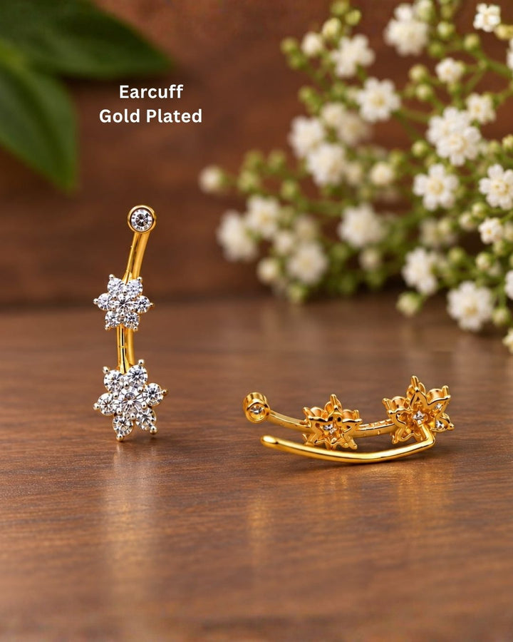 Stylish open gold plated ear cuff decorated with sparkling zircon stones, perfect for modern and festive looks.