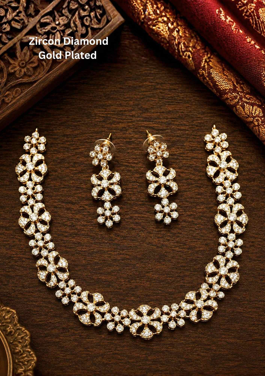 Gold-plated zircon diamond necklace and earrings comes with flower design and shows in detailed how it look and looks very classy and neat finishing and can be use for festival , weeding and can gift 