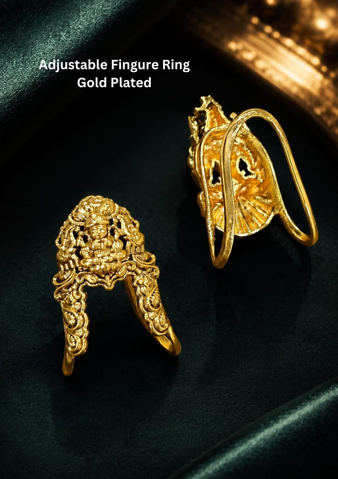 Beautiful Lakshmi Devi gold plated adjustable ring featuring an intricate temple design with detailed carvings and a premium polished finish. Perfect for daily wear, festive occasions, temple visits, traditional outfits, poojas, and premium gifting.