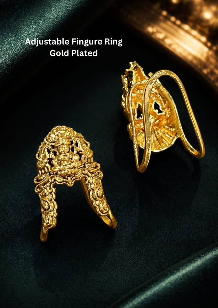 Beautiful Lakshmi Devi gold plated adjustable ring featuring an intricate temple design with detailed carvings and a premium polished finish. Perfect for daily wear, festive occasions, temple visits, traditional outfits, poojas, and premium gifting.