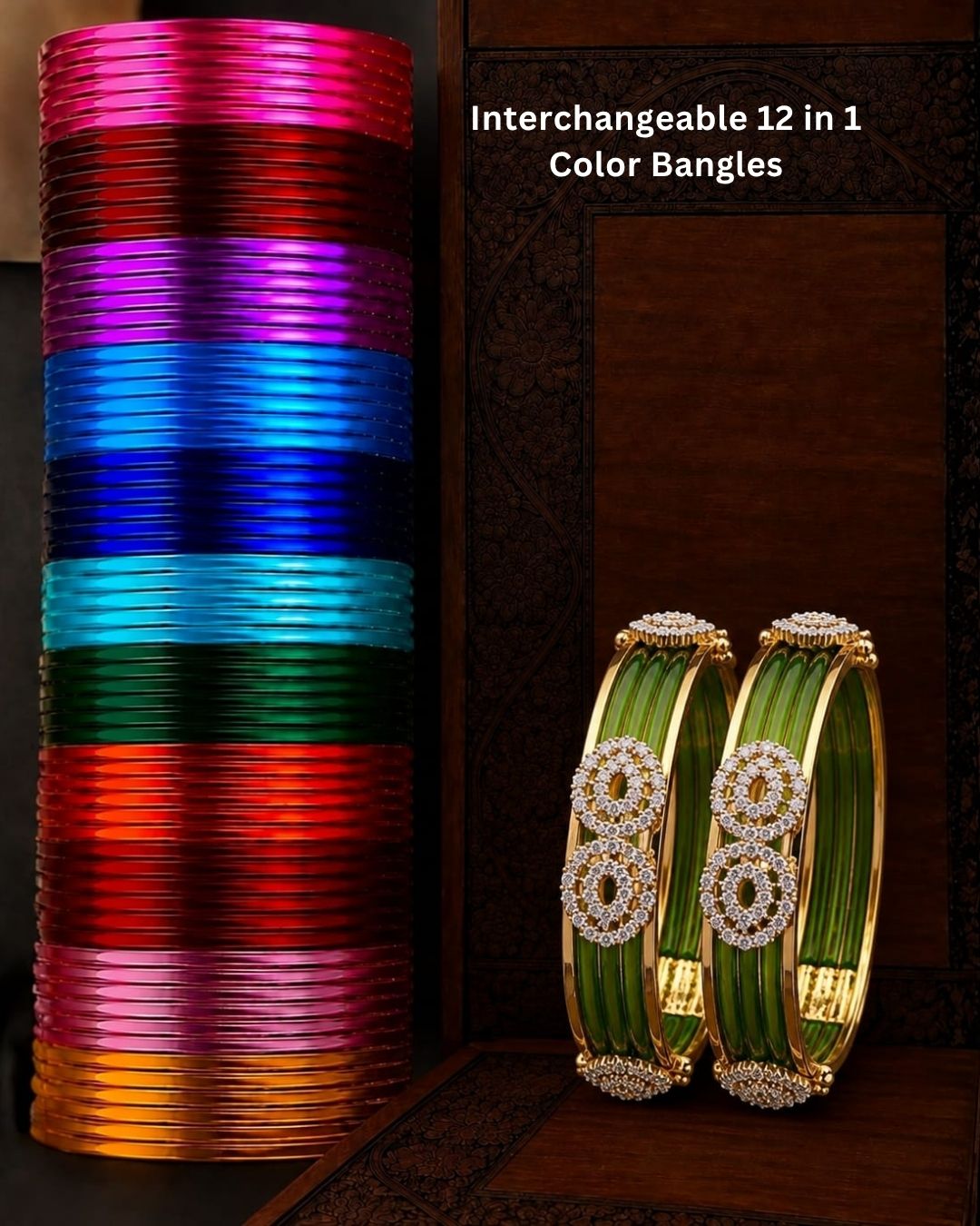 Elegant green and gold plated bangles featuring multiple green bands, intricate stone studded circular designs, and decorative gold detailing, ideal for bridal and traditional wear.