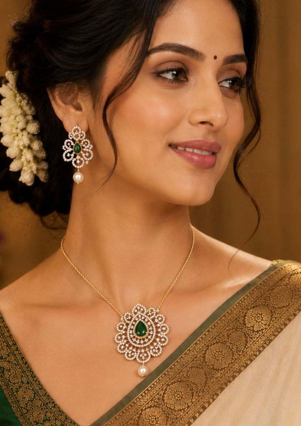 South Indian woman styling a zircon diamond gold plated pendant set with matching earrings. The jewelry features brilliant diamond-look zircon stones, emerald green teardrop stones, intricate floral motifs and elegant pearl drops that beautifully complement sarees, lehengas, gowns and festive ethnic wear for weddings, receptions and special occasions.