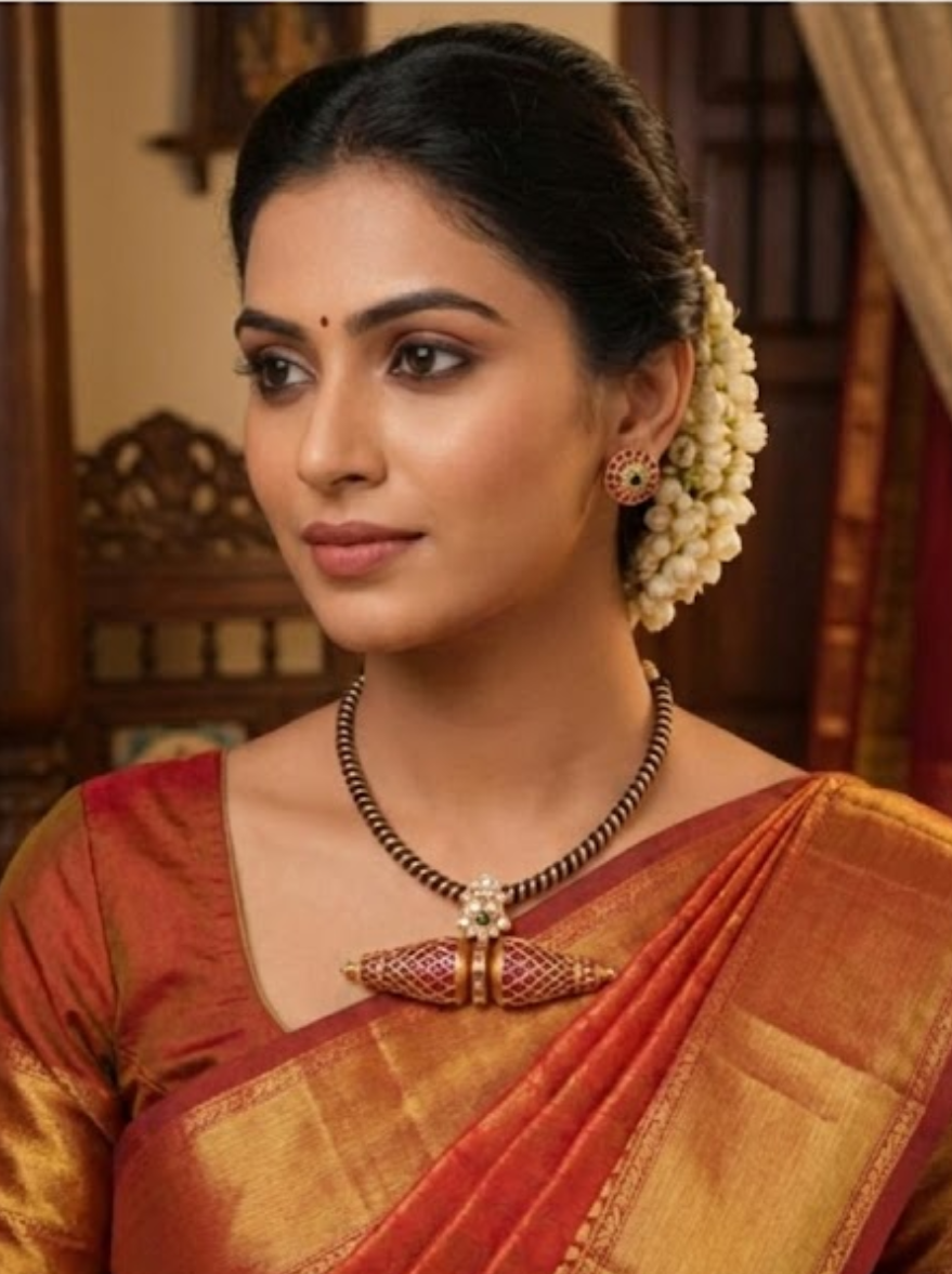 Woman wearing this jadau kundan open hook necklace set.