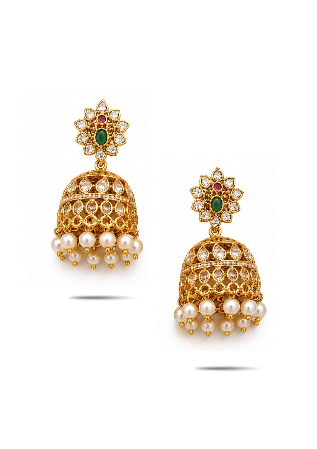 Gold earrings with green and red gemstones on a white background come with beads and shown very clearly how earrings look and anti fade and skin safe and can use foe weeding's and festivals 