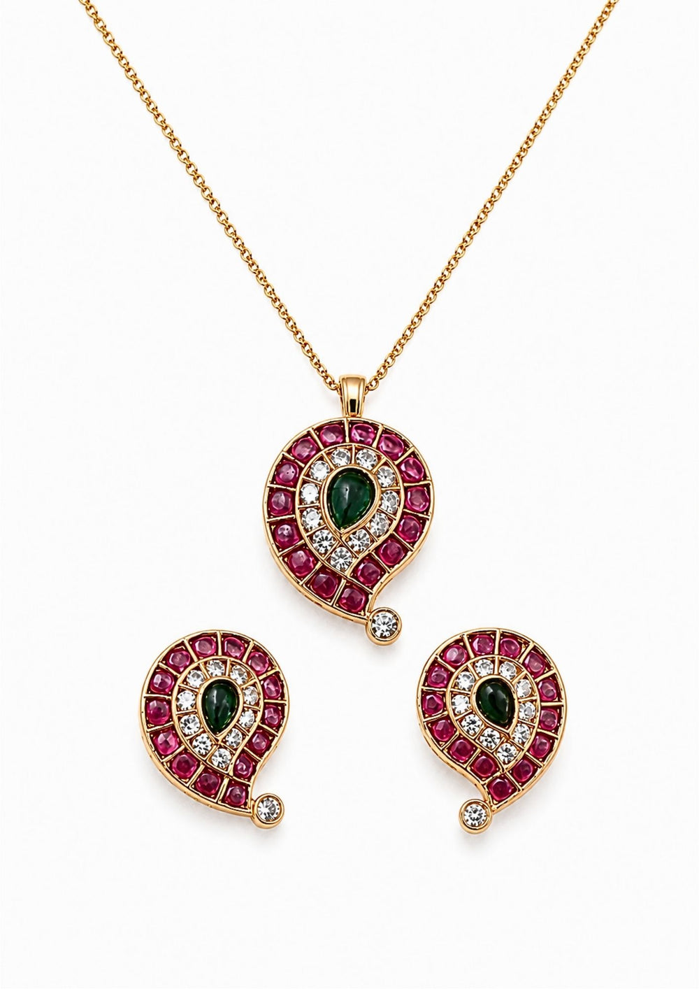 18k Jadau Kundan Gold Plated mango pendant set with matching earrings designed in mango shape pattern with pink ruby stones, and emerald green stone in center with sparkling white zircon stones. This lightweight jewelry set comes with sweat proof quality, anti-fade colour, skin-friendly finish, smooth fitting, and is suitable for weddings, festivals, dailywear