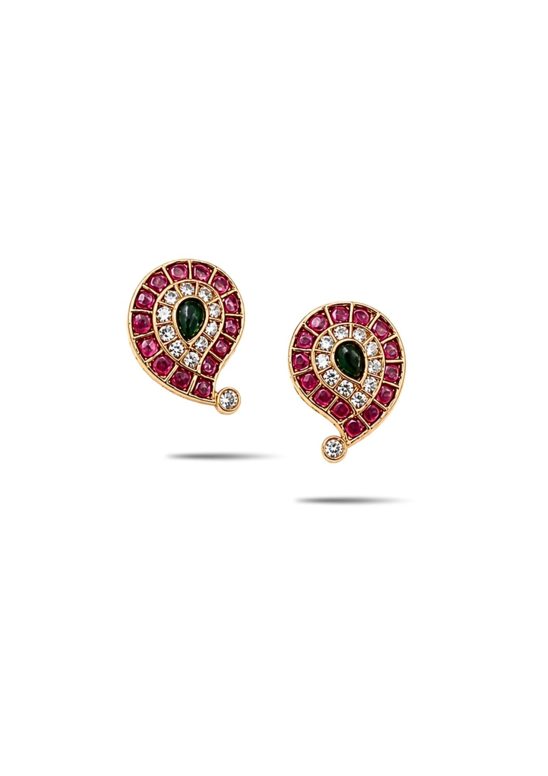Jadau Kundan Gold Plated earrings designed in mango shape with pink ruby style stones, green center kundan stone, and shining white zircon detailing finished in rich 18k gold plating. These lightweight ethnic earrings are with smooth fitting, sweat proof quality, anti-fade colour, skin-friendly finish, and are suitable for weddings, dailywear, festivals, parties, traditional wear, and gifting purposes.