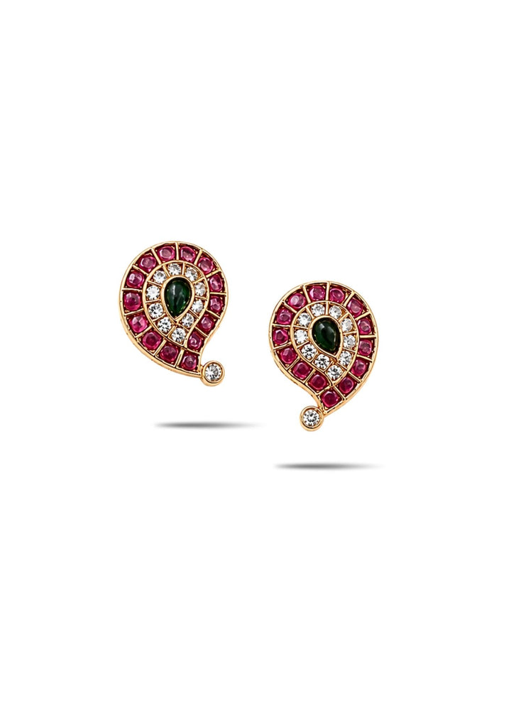 Jadau Kundan Gold Plated earrings designed in mango shape with pink ruby style stones, green center kundan stone, and shining white zircon detailing finished in rich 18k gold plating. These lightweight ethnic earrings are with smooth fitting, sweat proof quality, anti-fade colour, skin-friendly finish, and are suitable for weddings, dailywear, festivals, parties, traditional wear, and gifting purposes.