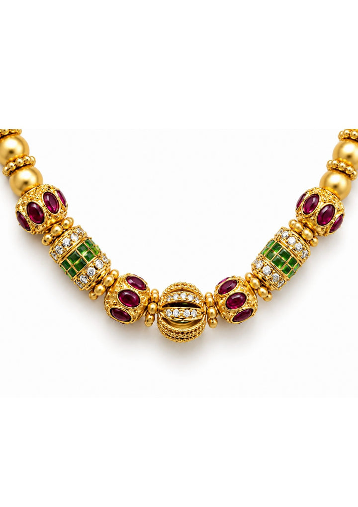 Gold-plated necklace with gemstones Gold-plated necklace with intricate design necklace and with green and red stones come with jadau kundan in necklace with beads and in pendent shows clear design and in detailed shown in picture it will not fade color and water proof can used for festivals, bridals, and weeding&