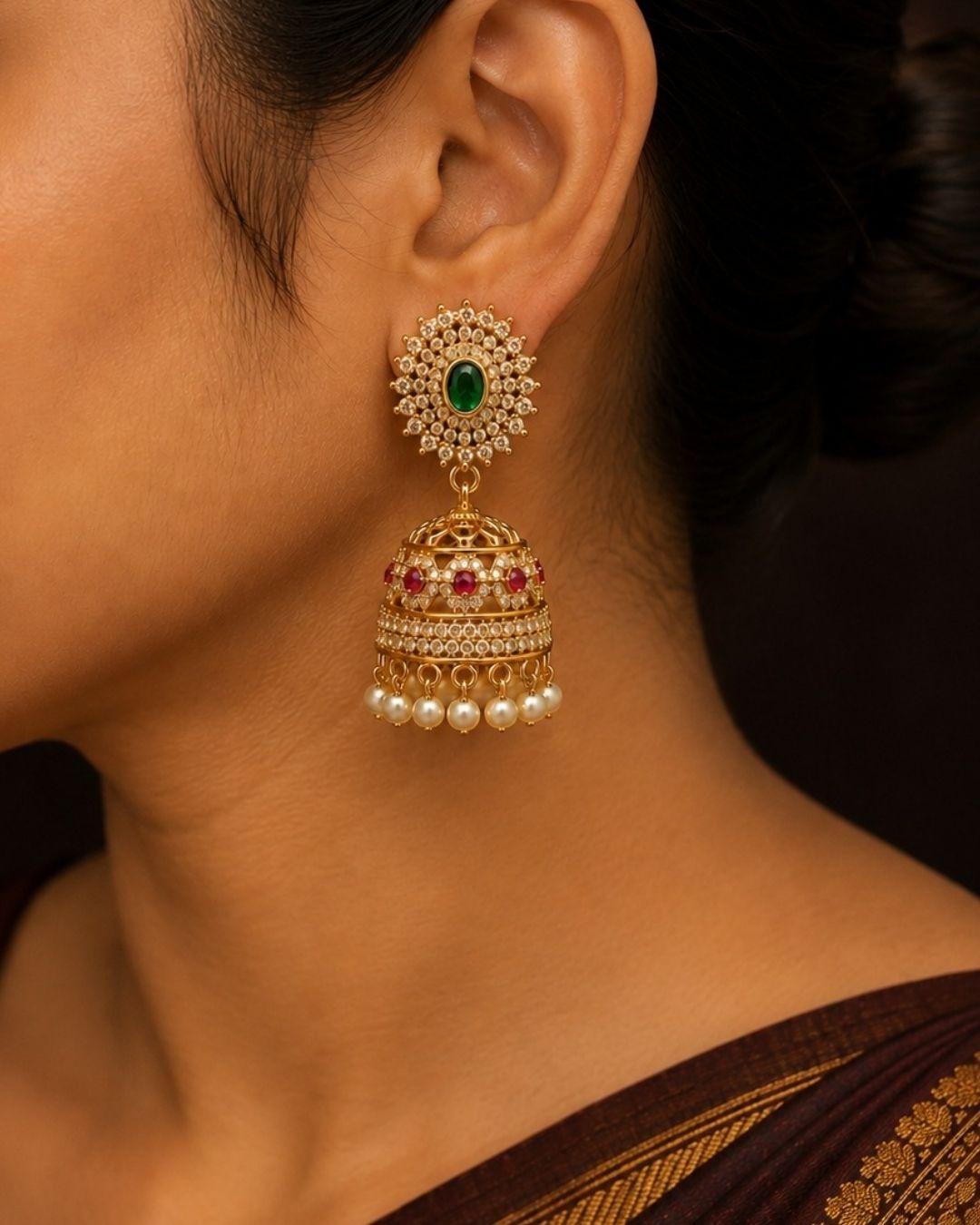 Traditional gold plated bangle and jhumka earrings set featuring CZ stones, green gemstones, pink accents, pearl hangings, and a luxurious velvet presentation for festive occasions.