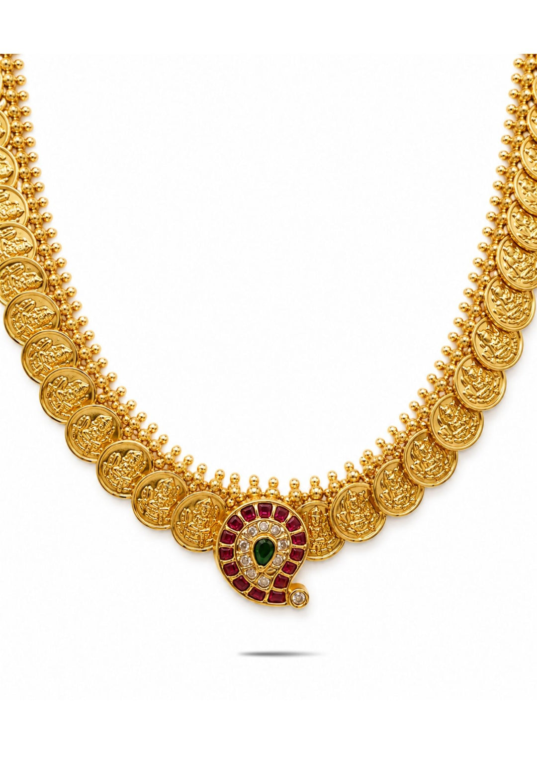 Antique gold plated temple jewelry Laxmi Kasulaperu haram necklace and matching small stud earrings set featuring a continuous row of traditional overlapping gold coins stamped with Goddess Laxmi images.  suitable for family gatherings, festivals, parties, and weddings with skin friendly quality, anti fade polish, comfortable fitting.