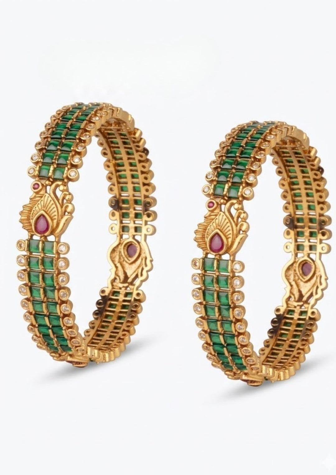 peacock gold plated bangles pair on white background intricate design functional or weeding use and perfect for gifting