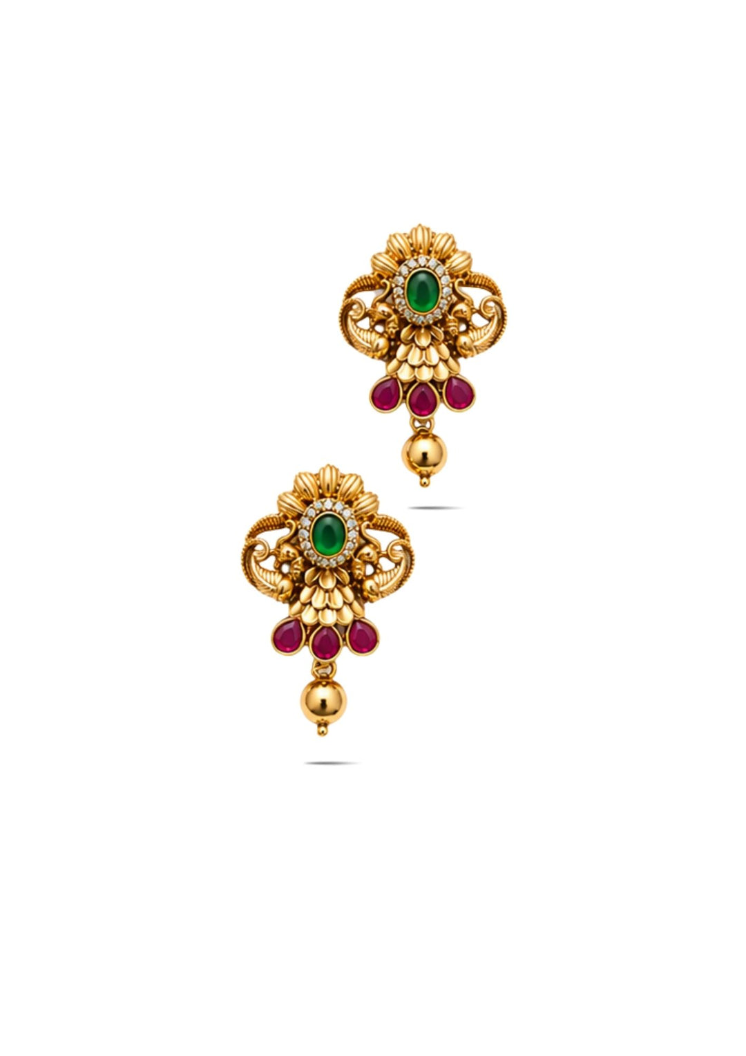 Gold Plated temple earrings designed with floral traditional pattern, green center stone, pink beads, zircon stones, and simple gold bead hangings finished in antique gold plating. The lightweight earrings come with sweat proof quality, anti-fade colour, skin-friendly finish, smooth fitting, and are suitable for weddings, festivals, sarees, parties, traditional wea