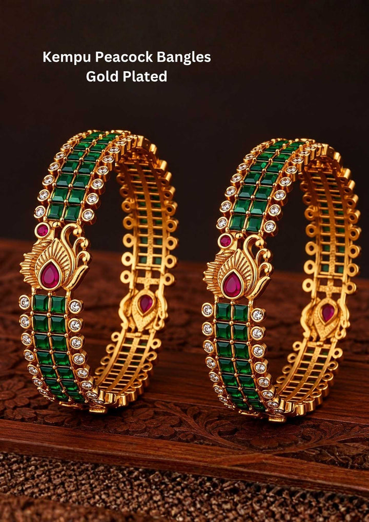 Gold Plated Kempu Bangles with traditional South Indian temple jewelry design with red and green kempu stones arranged in detailed floral and leaf patterns. The bangles come with rich gold plated finish, traditional detailing, lightweight feel, sweat proof quality, anti-fade colour, skin-friendly finish, and comfortable fit perfect for bridal wear, weddings, pooja functions, festivals, and traditional occasions.