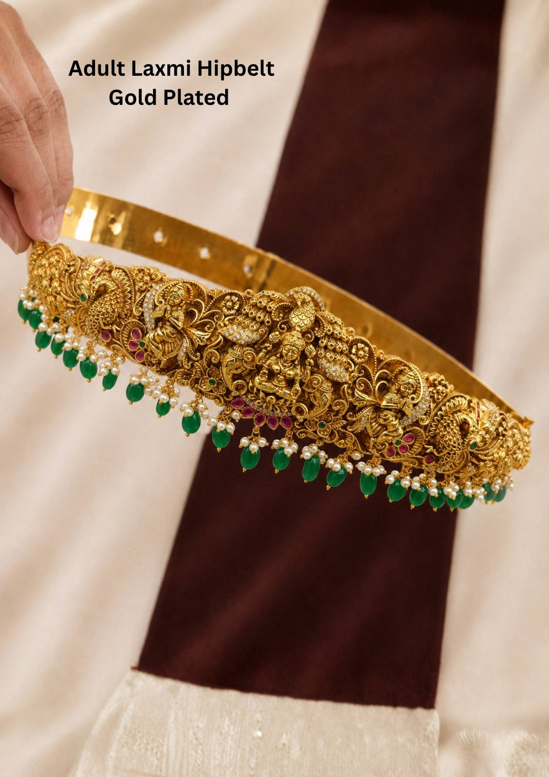 Gold-plated Laxmi hipbelt shown clearly with beads and also with peacock design comes with traditional look and it will be skin safe no rashes and also used for festivals and weeding's and bridal 
