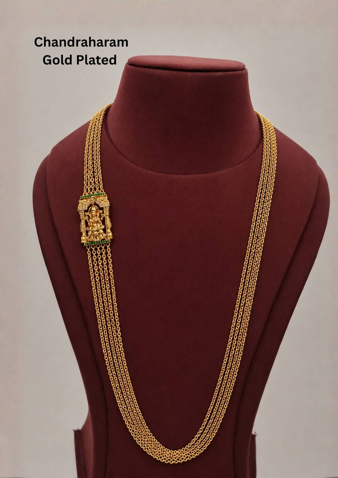 Gold plated chandraharam necklace comes with laxmi devi pendent and with 5 layer chain and in picture shown clearly how it look and can be used for weeding's , festivals  