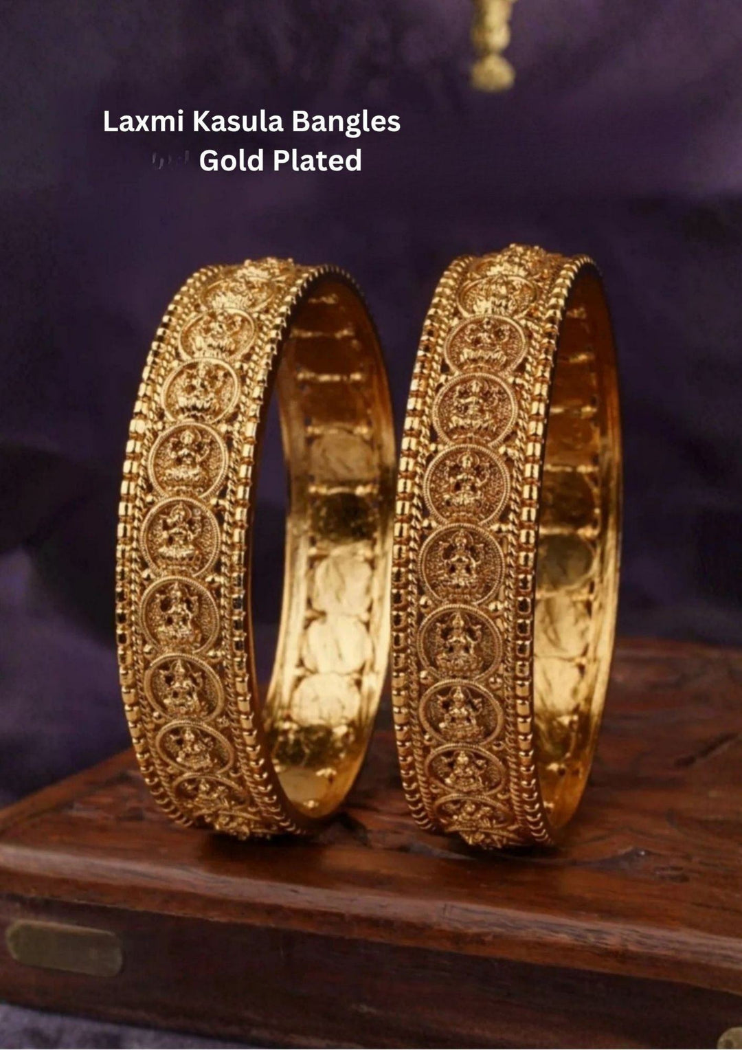Laxmi Kasula Bangles with traditional Lakshmi coin design. The bangles have a full row of Lakshmi coin designs, and each coin shows Goddess Lakshmi sitting on a lotus flower. The edges have small gold bead detailing that gives a traditional temple jewelry look. shiny gold finish, lightweight , anti-fade colour, and comfortable for festivals, weddings, and traditional wear.
