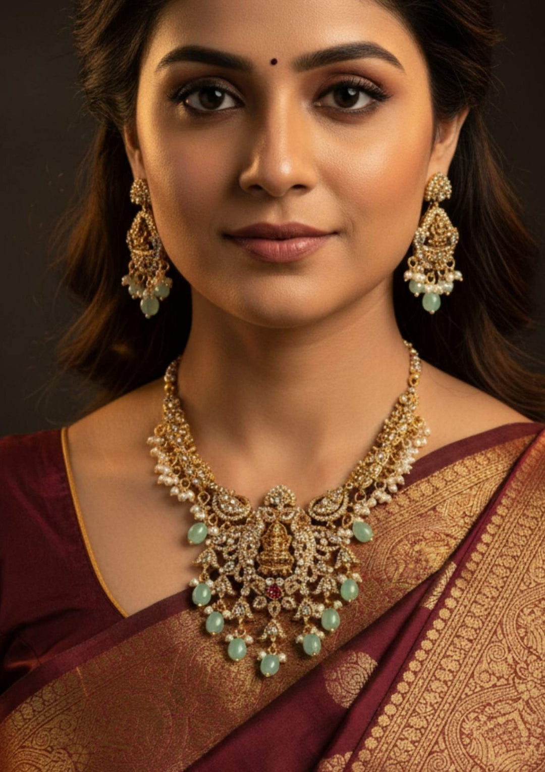 Woman wearing traditional jewelry victorian temple Laxmi set with earrings comes with beads and looks very elegant and adjustable necklace set comes with festive ware , weeding ware and can gift