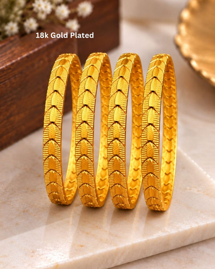 Traditional gold plated women’s bangles featuring a beautiful repeating leaf design with intricate textured detailing, perfect for festive, wedding, and everyday traditional wear.
