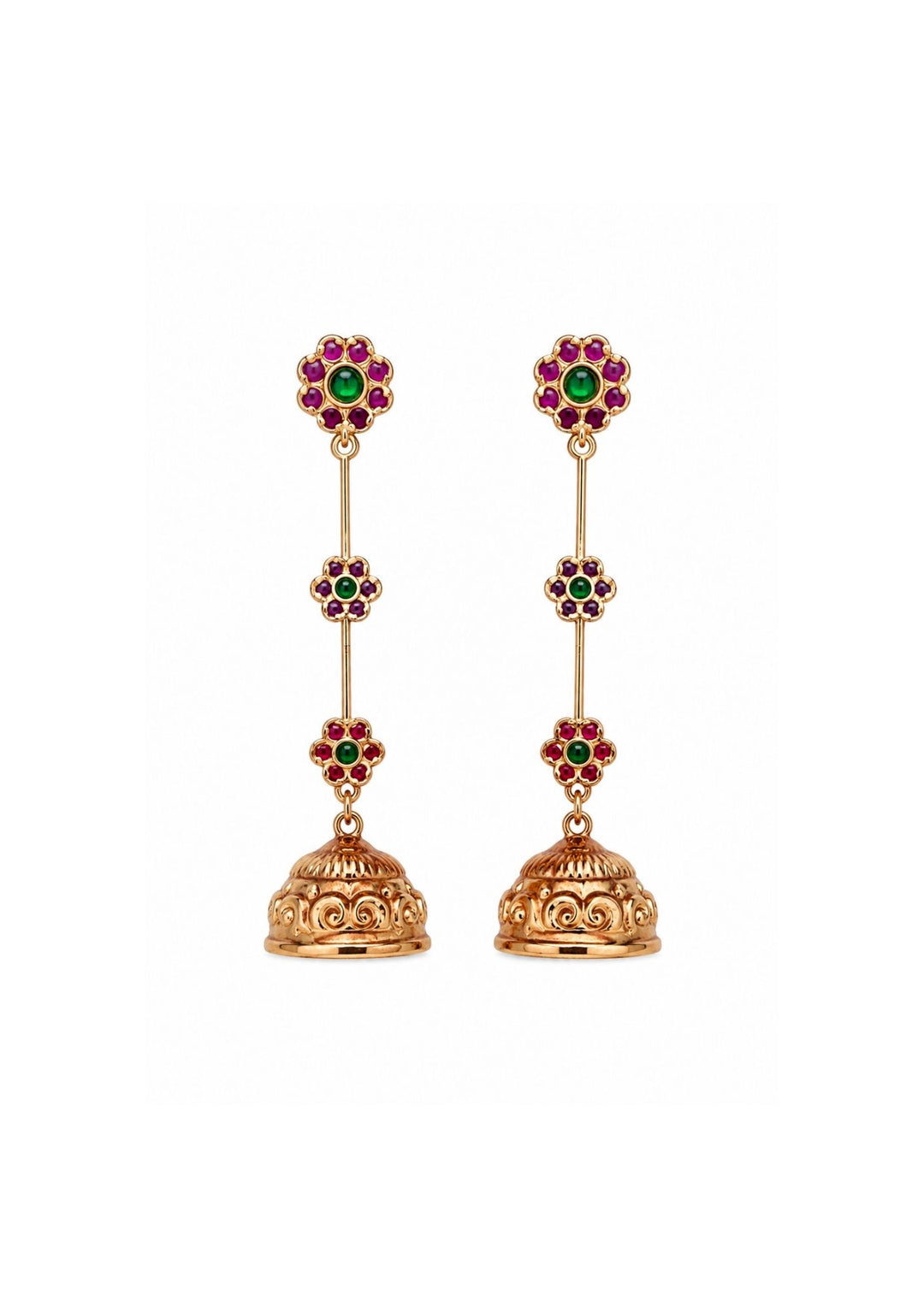 earrings shows white background Jadau kundan gold plated light weight earrings with 3 flowers on earring shows very clear and looks very traditional and can be used for festivals, functions and for gifting 