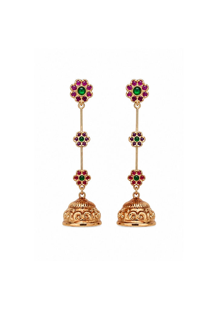 earrings shows white background Jadau kundan gold plated light weight earrings with 3 flowers on earring shows very clear and looks very traditional and can be used for festivals, functions and for gifting 