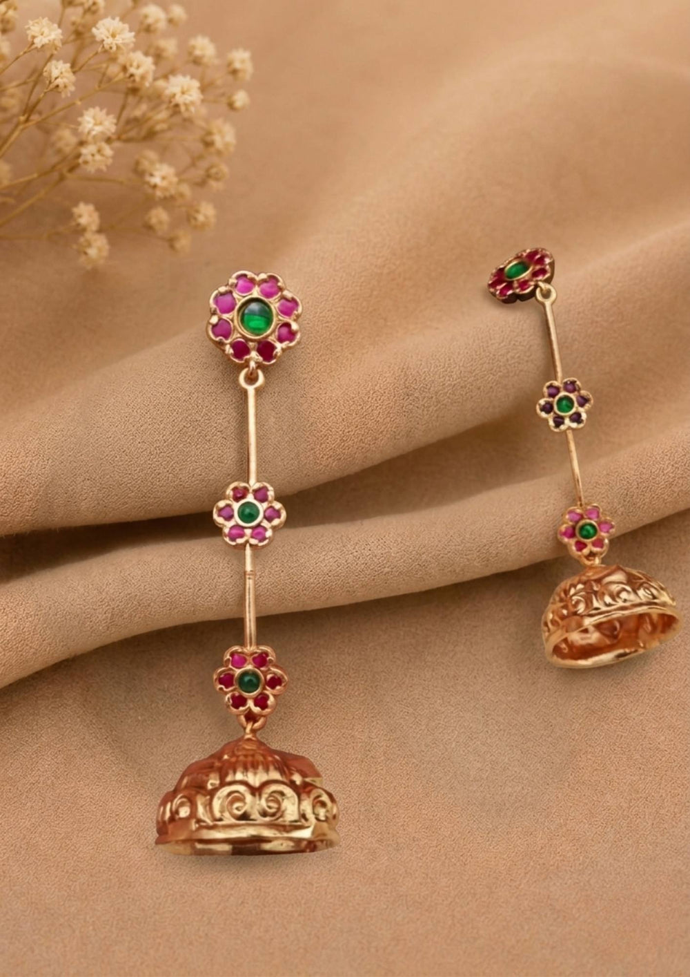 Jadau kundan gold plated light weight earrings with 3 flowers on earring shows very clear and looks very traditional and can be used for festivals, functions and for gifting 